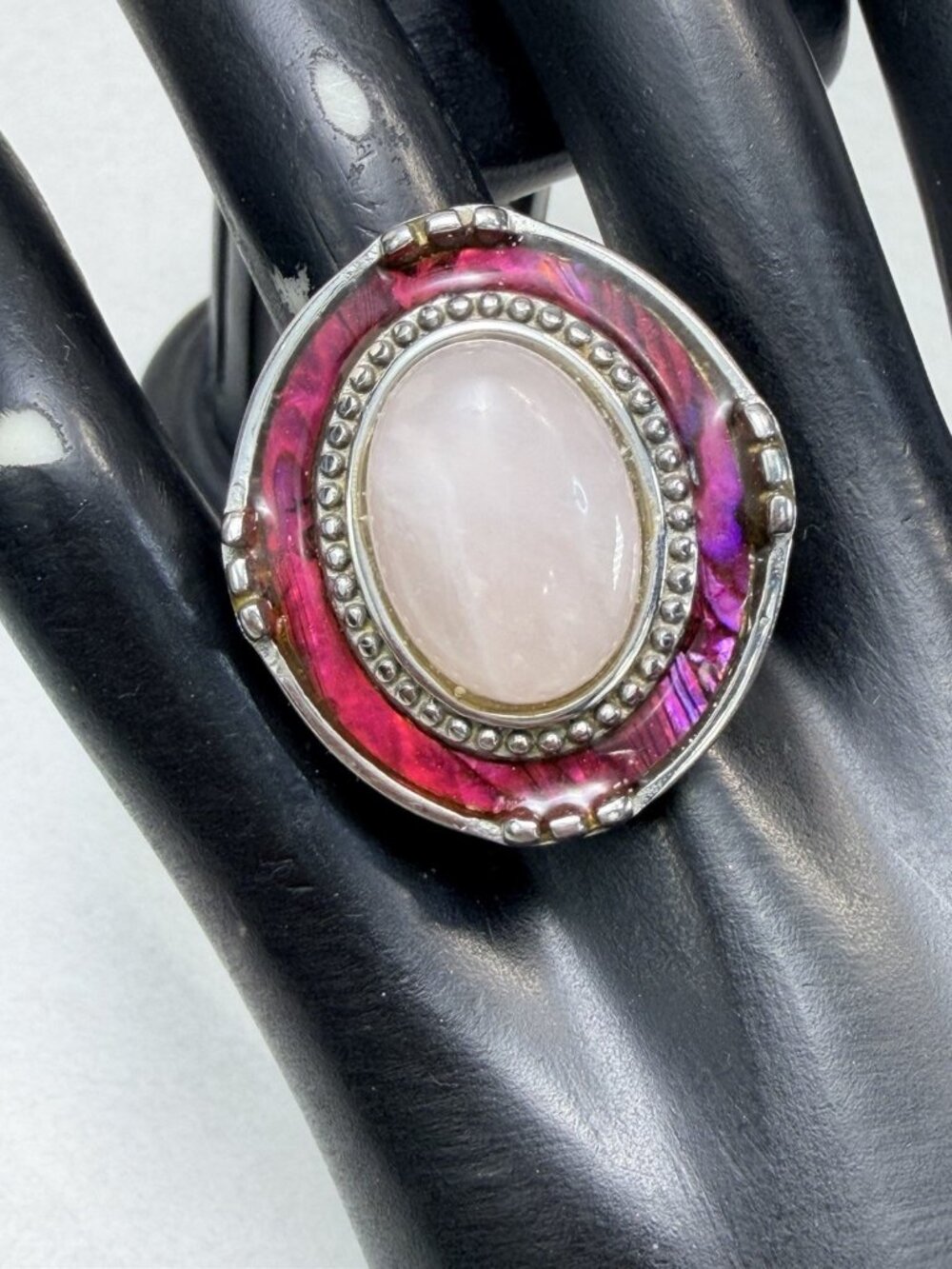 Large Rose Quartz Statement Ring Silver Tone Pink Stone Enamel Accent Sz 7